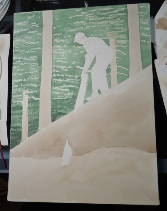 watercolor, watercolour, logging, bucking, logs, painting, saw, crosscut saw, misery whip