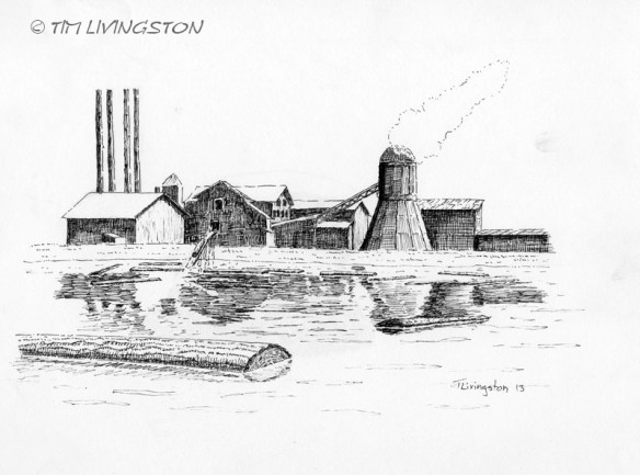 pen and ink, ink, drawing, sketch, sawmill, teepee burner