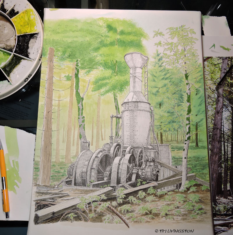 Steam donkey, wip, watercolor, watercolour, mixed media, pen and ink