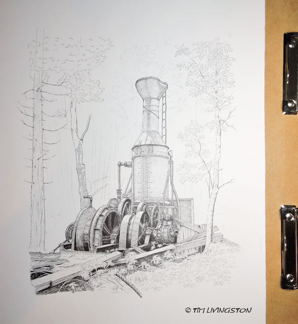 Steam Donkey, pen and ink, pen & ink, pen, drawing, watercolor, WIP, logging