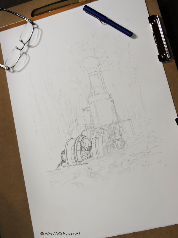 Steam Donkey, pen and ink, drawing, pen, pen & ink, watercolor, watercolour, logging