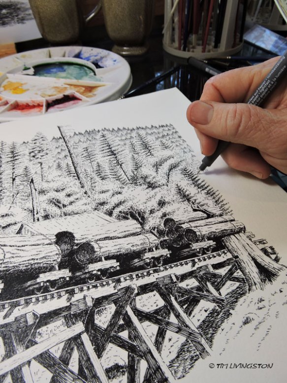 Pen and ink, print, multi-media, vintage logging