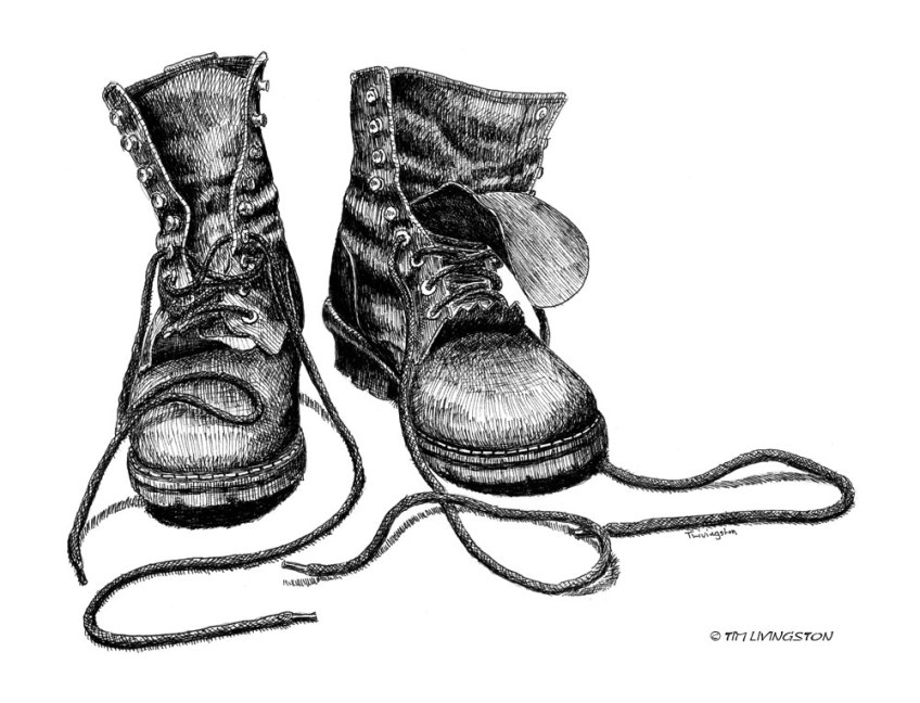 Forester, pen and ink, boots, forester artist, drawing, Timber In The Working Forest