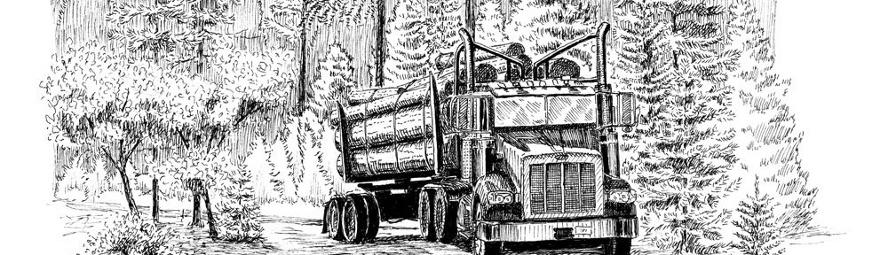 pen and ink, log truck, loggers, logging