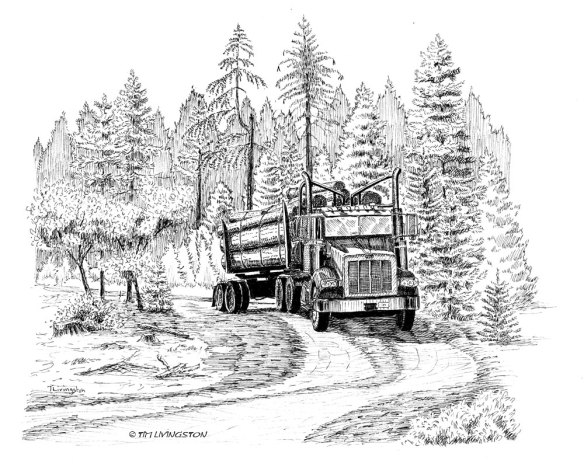 pen and ink, log truck, loggers, logging